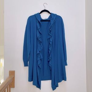 { DKNY Sweater } Open Front Blue Ruffle Long Sweater
